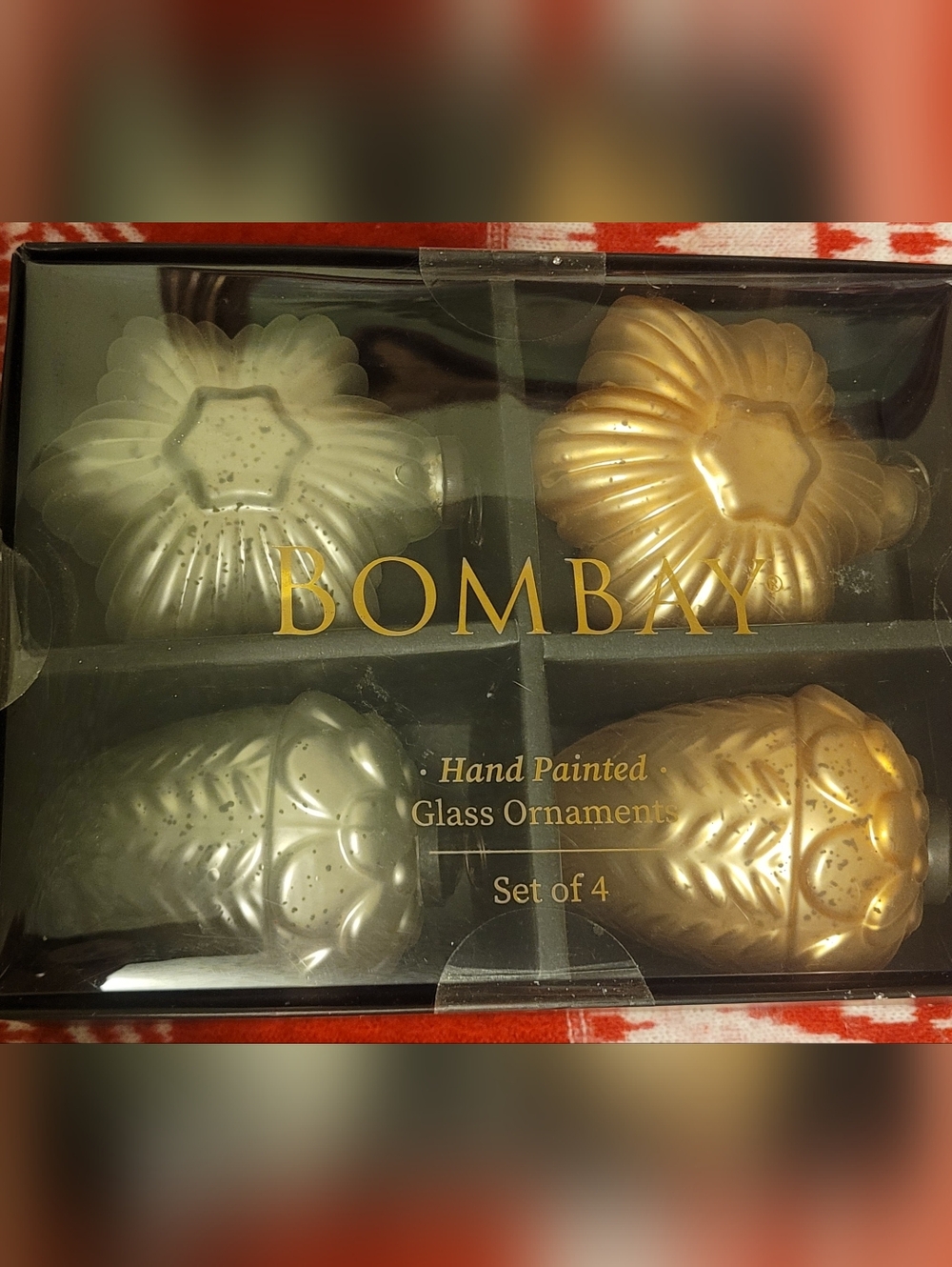 Bombay Hand Painted Glass Ornaments - Gold & Silver Set of 4 Snowflakes & Acorns